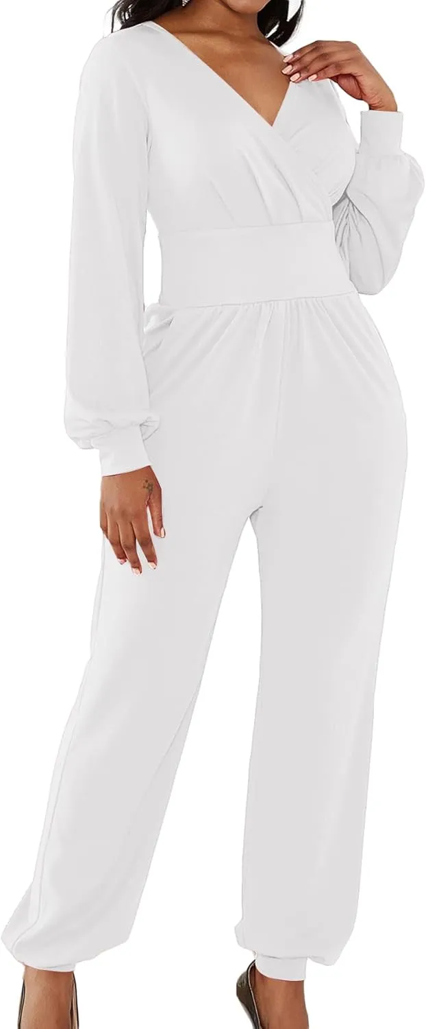 LYANER Women's Deep V Neck Long Sleeve Wrap Front Jumpsuit Pant Cocktail Party Romper