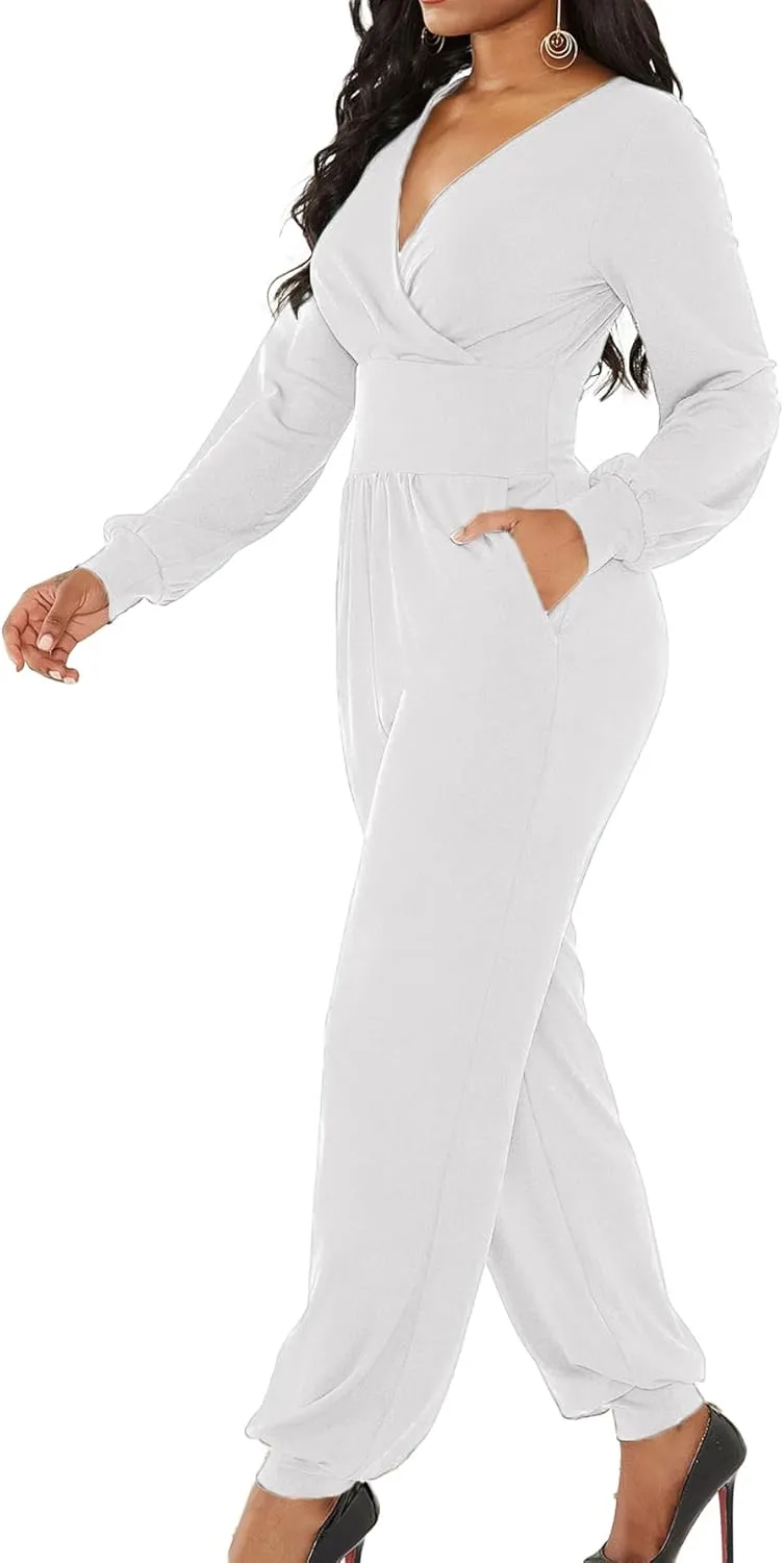 LYANER Women's Deep V Neck Long Sleeve Wrap Front Jumpsuit Pant Cocktail Party Romper