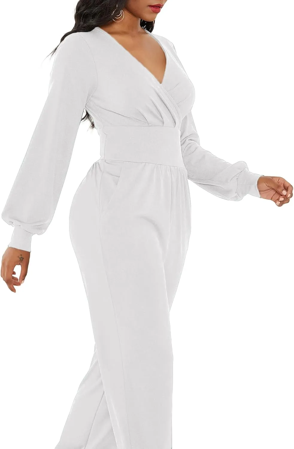 LYANER Women's Deep V Neck Long Sleeve Wrap Front Jumpsuit Pant Cocktail Party Romper