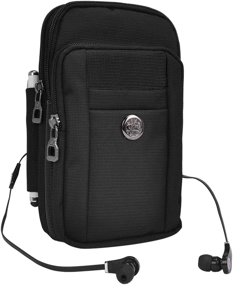 Maggie Utility Travel Waist Pouch for Travel, Outdoors, Hiking, Compact Accessories Bag, Organized Dual Pocket Phone Holder with Carabiner Clip and Belt Loop, Pen Holder (Black-7.5")