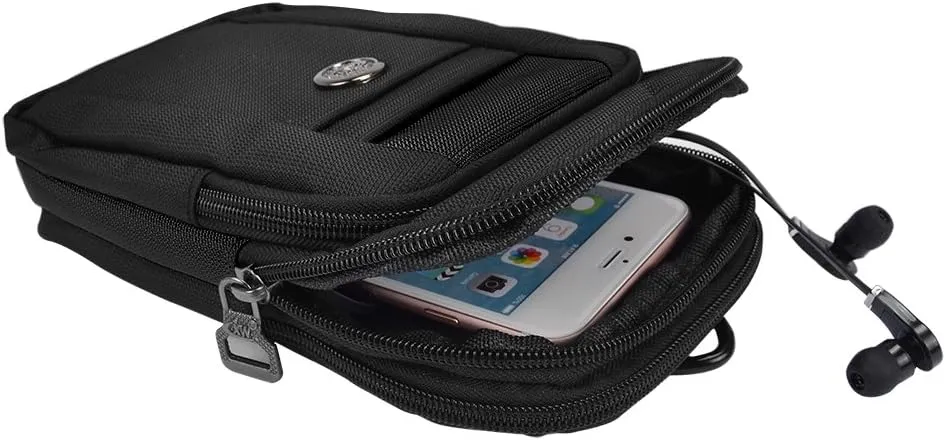 Maggie Utility Travel Waist Pouch for Travel, Outdoors, Hiking, Compact Accessories Bag, Organized Dual Pocket Phone Holder with Carabiner Clip and Belt Loop, Pen Holder (Black-7.5")