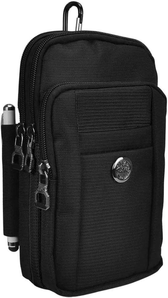 Maggie Utility Travel Waist Pouch for Travel, Outdoors, Hiking, Compact Accessories Bag, Organized Dual Pocket Phone Holder with Carabiner Clip and Belt Loop, Pen Holder (Black-7.5")