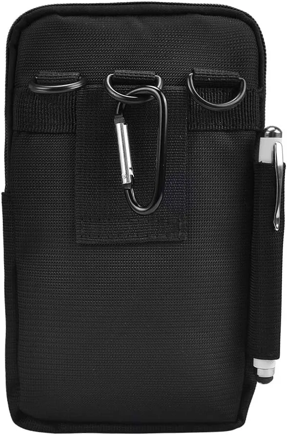 Maggie Utility Travel Waist Pouch for Travel, Outdoors, Hiking, Compact Accessories Bag, Organized Dual Pocket Phone Holder with Carabiner Clip and Belt Loop, Pen Holder (Black-7.5")