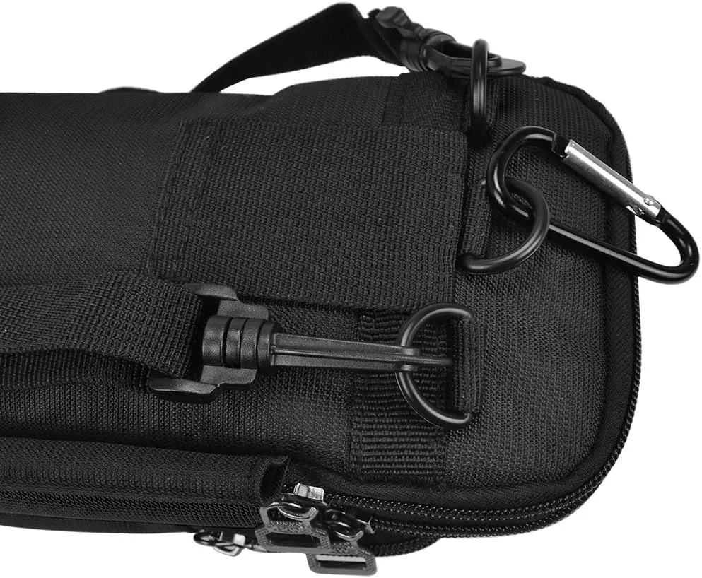Maggie Utility Travel Waist Pouch for Travel, Outdoors, Hiking, Compact Accessories Bag, Organized Dual Pocket Phone Holder with Carabiner Clip and Belt Loop, Pen Holder (Black-7.5")