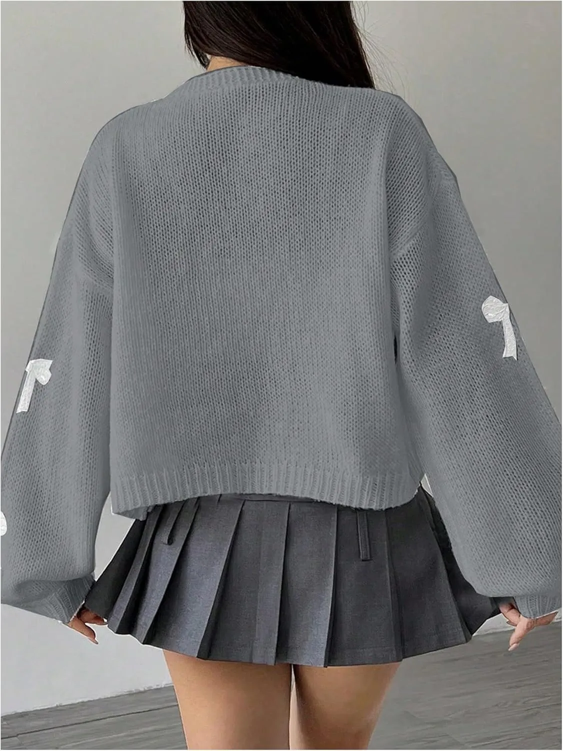 MakeMeChic Women's Cute Cropped Cable Knit Lightweight Cardigan Lantern Sleeve Open Front Cardigan Sweaters