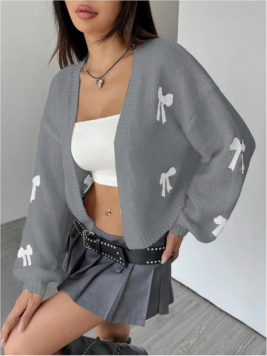 MakeMeChic Women's Cute Cropped Cable Knit Lightweight Cardigan Lantern Sleeve Open Front Cardigan Sweaters
