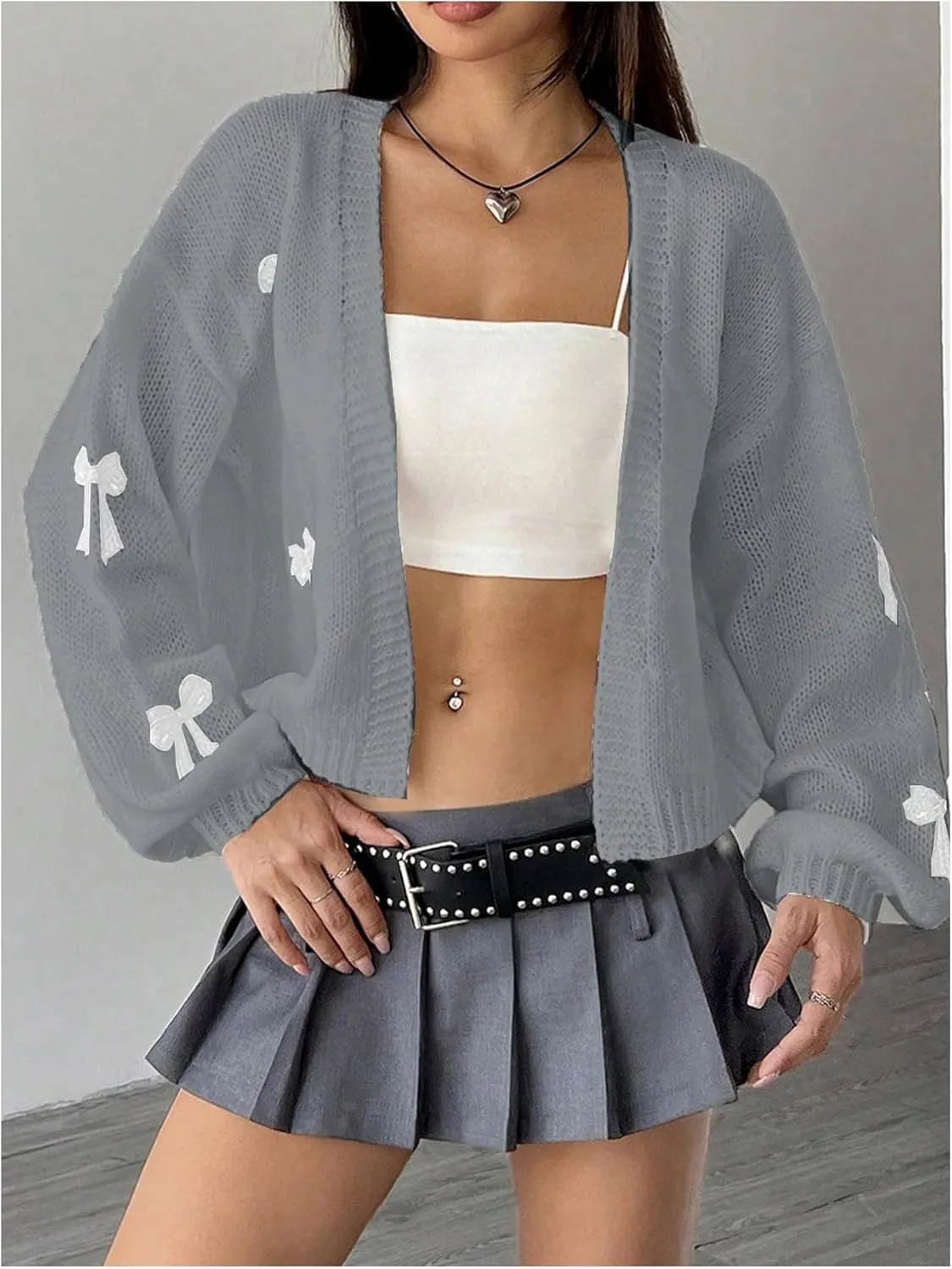 MakeMeChic Women's Cute Cropped Cable Knit Lightweight Cardigan Lantern Sleeve Open Front Cardigan Sweaters
