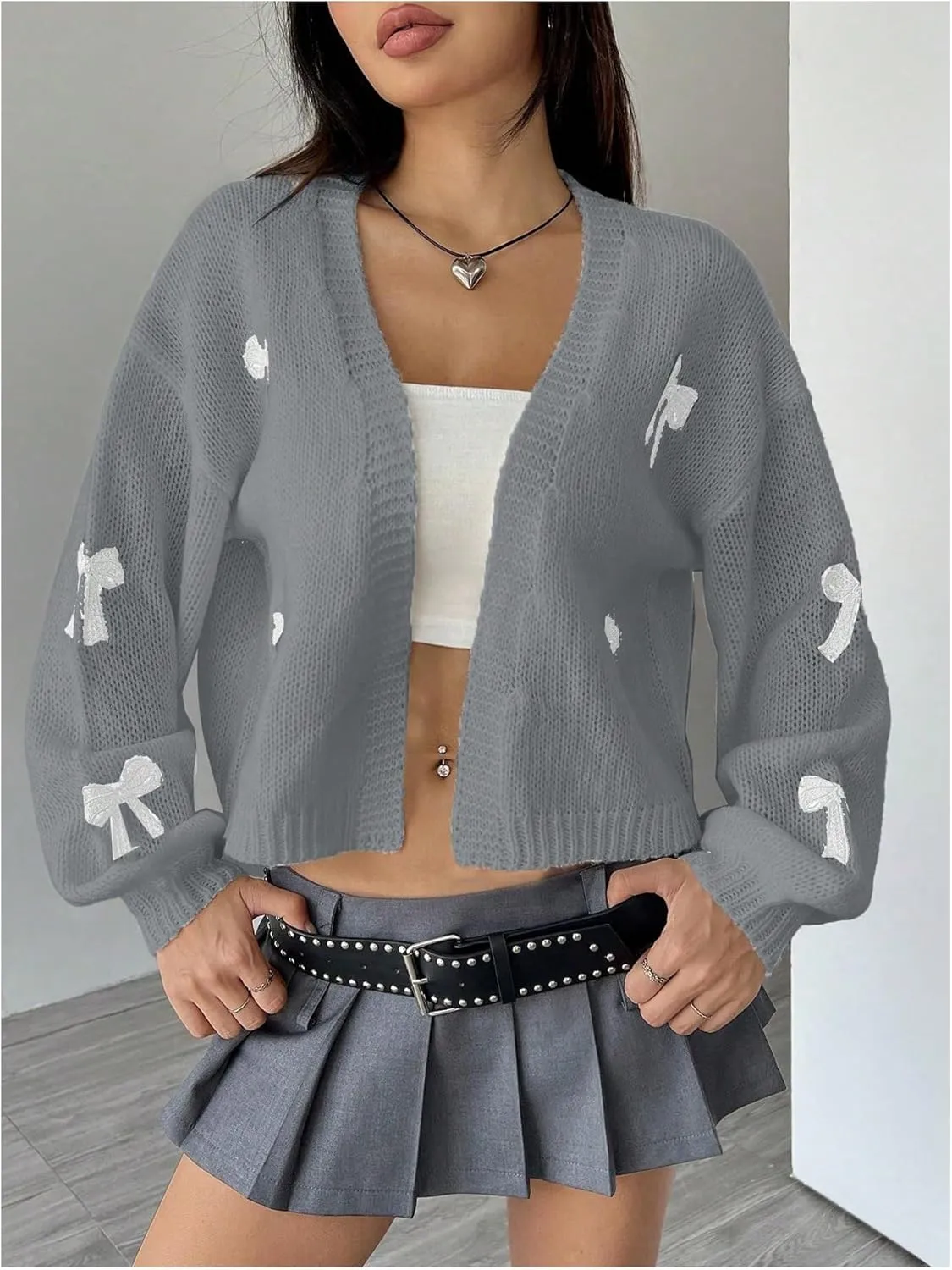 MakeMeChic Women's Cute Cropped Cable Knit Lightweight Cardigan Lantern Sleeve Open Front Cardigan Sweaters