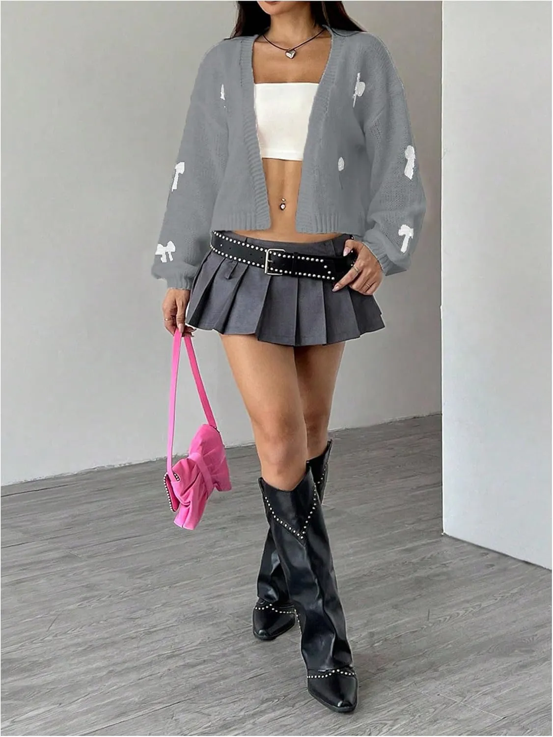 MakeMeChic Women's Cute Cropped Cable Knit Lightweight Cardigan Lantern Sleeve Open Front Cardigan Sweaters