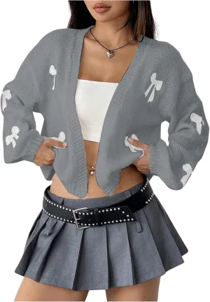 MakeMeChic Women's Cute Cropped Cable Knit Lightweight Cardigan Lantern Sleeve Open Front Cardigan Sweaters