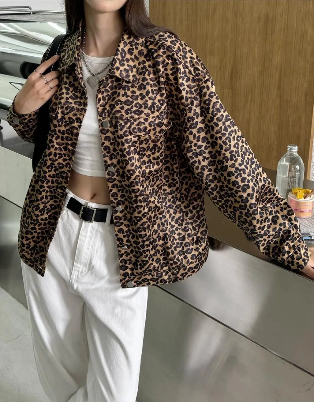 MakeMeChic Women's Leopard Print Denim Jacket Button Down Long Sleeve Oversized Shacket Jackets Outerwear
