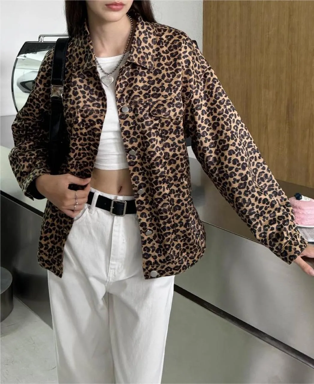 MakeMeChic Women's Leopard Print Denim Jacket Button Down Long Sleeve Oversized Shacket Jackets Outerwear
