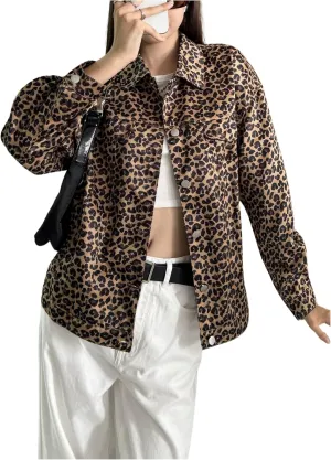MakeMeChic Women's Leopard Print Denim Jacket Button Down Long Sleeve Oversized Shacket Jackets Outerwear