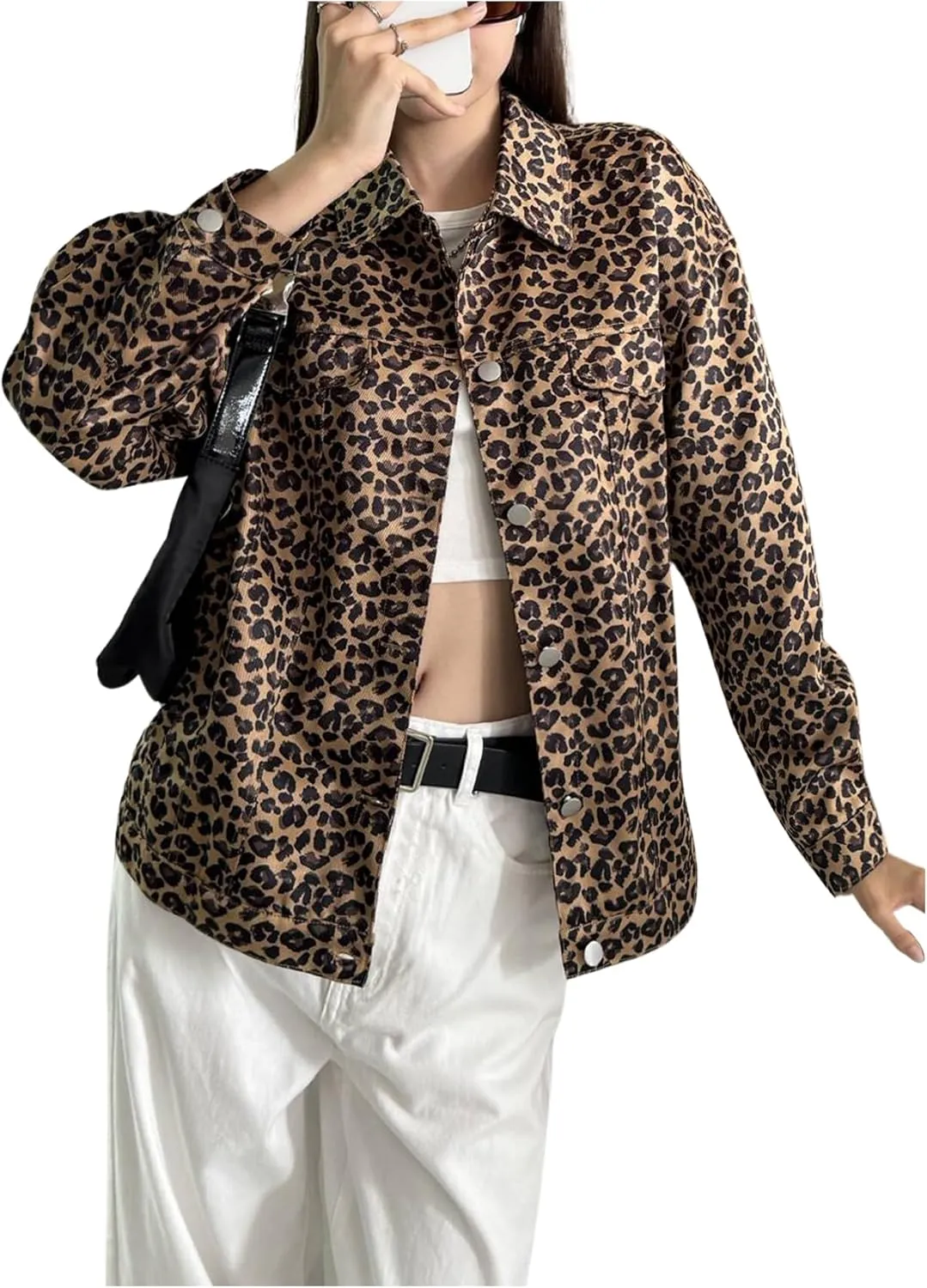 MakeMeChic Women's Leopard Print Denim Jacket Button Down Long Sleeve Oversized Shacket Jackets Outerwear