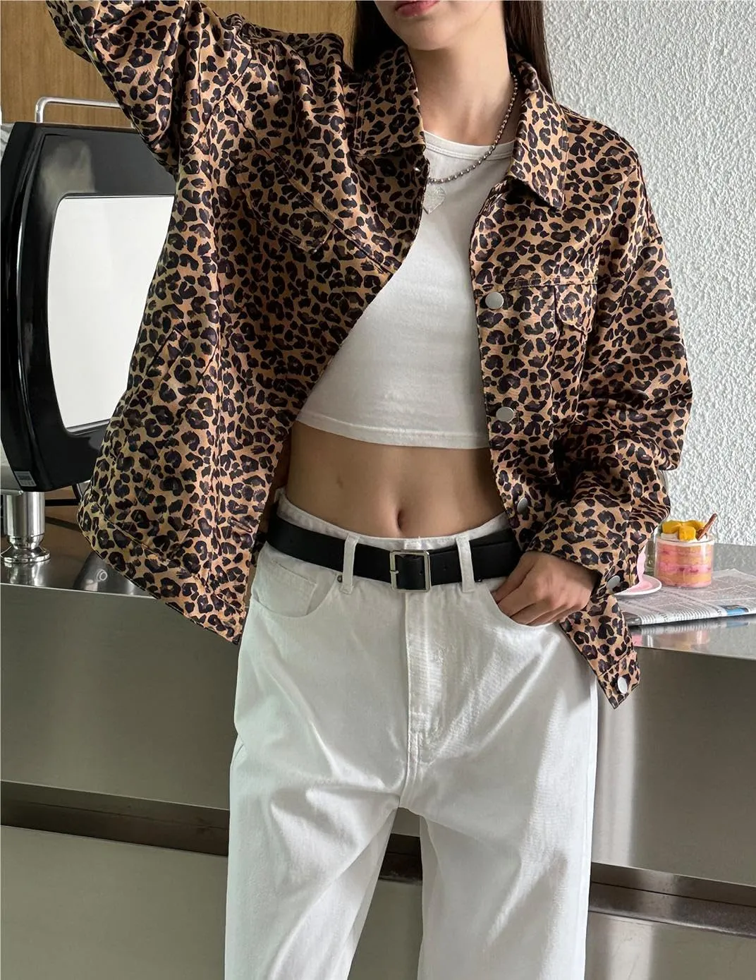 MakeMeChic Women's Leopard Print Denim Jacket Button Down Long Sleeve Oversized Shacket Jackets Outerwear
