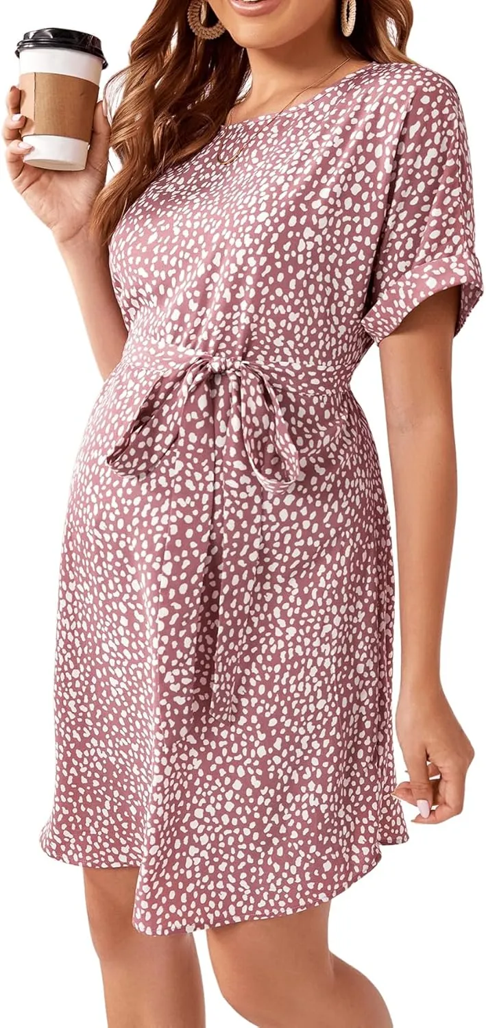 MakeMeChic Women's Maternity Dress Leopard Print Short Sleeve Belted Summer Pregnancy Dresses