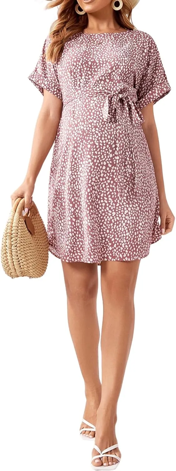 MakeMeChic Women's Maternity Dress Leopard Print Short Sleeve Belted Summer Pregnancy Dresses