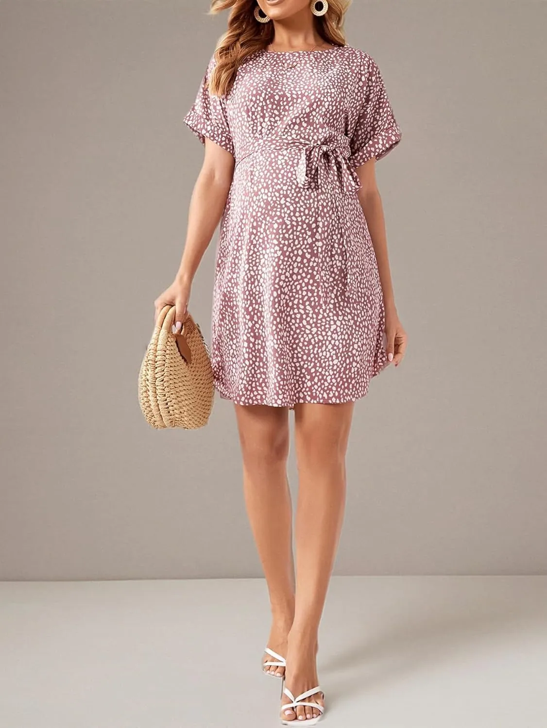 MakeMeChic Women's Maternity Dress Leopard Print Short Sleeve Belted Summer Pregnancy Dresses