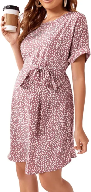 MakeMeChic Women's Maternity Dress Leopard Print Short Sleeve Belted Summer Pregnancy Dresses