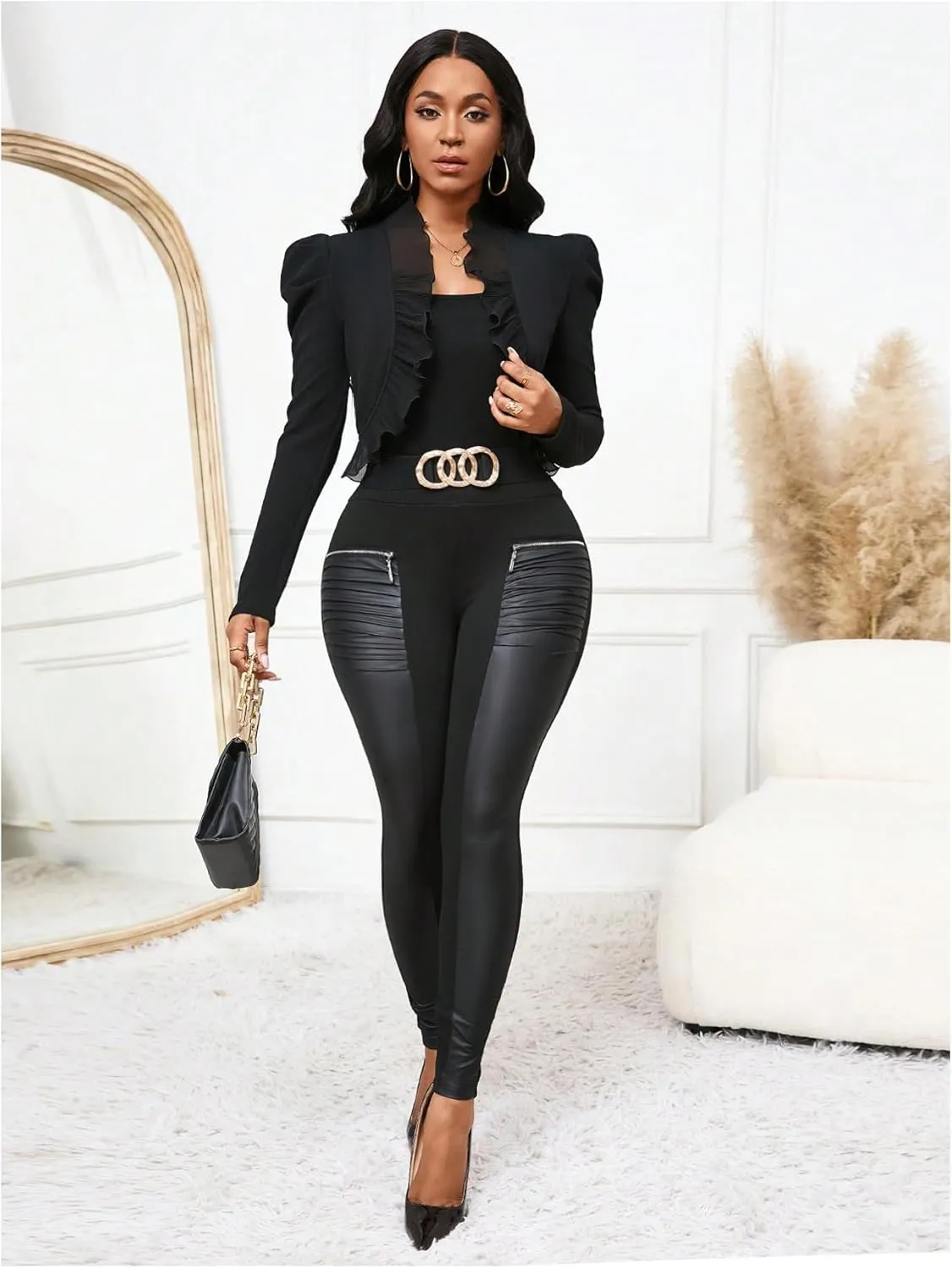 MakeMeChic Women's Open Front Ruffle Trim Jacket Puff Sleeve Crop Work Office Blazer Outerwear