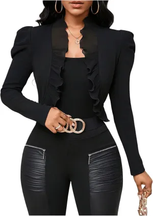 MakeMeChic Women's Open Front Ruffle Trim Jacket Puff Sleeve Crop Work Office Blazer Outerwear