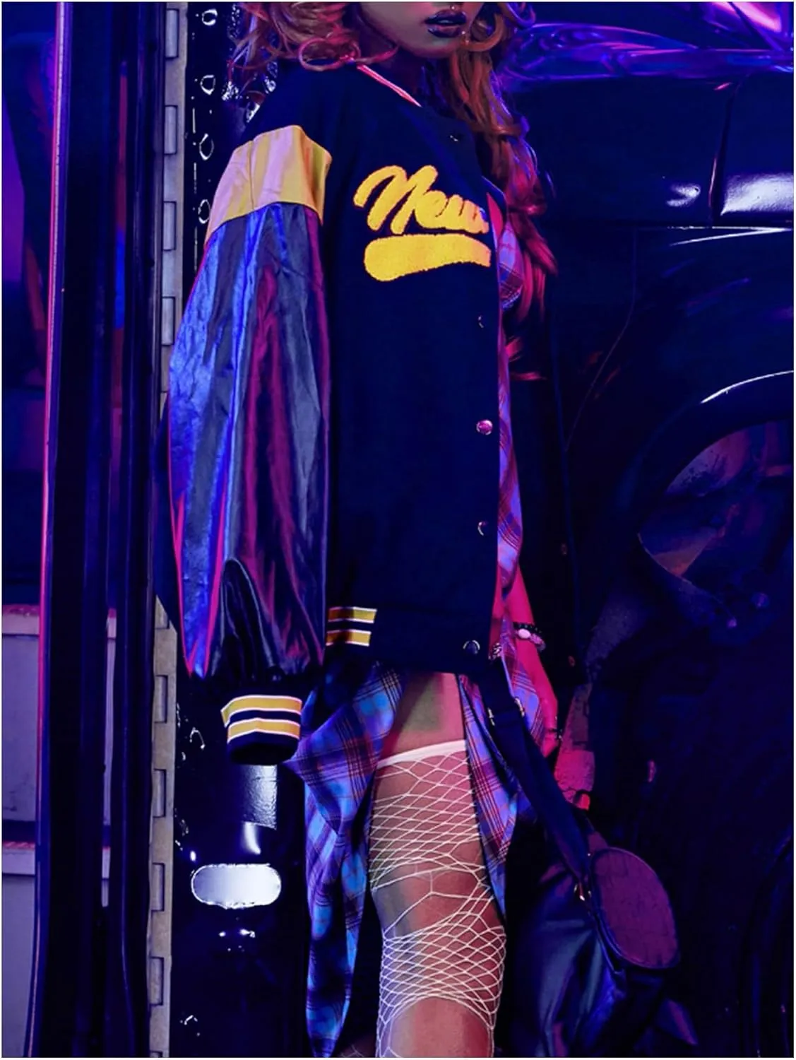 MakeMeChic Women's Oversized Letter Graphic Bomber Leather Jacket Long Sleeve Drop Shoulder Baseball Jackets