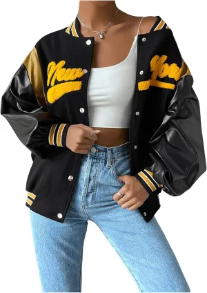 MakeMeChic Women's Oversized Letter Graphic Bomber Leather Jacket Long Sleeve Drop Shoulder Baseball Jackets
