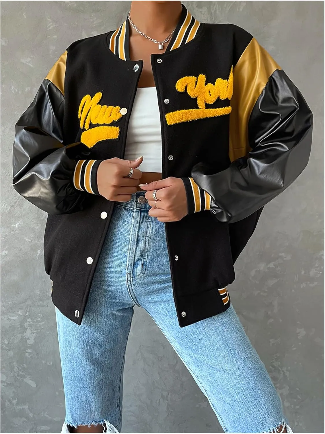 MakeMeChic Women's Oversized Letter Graphic Bomber Leather Jacket Long Sleeve Drop Shoulder Baseball Jackets