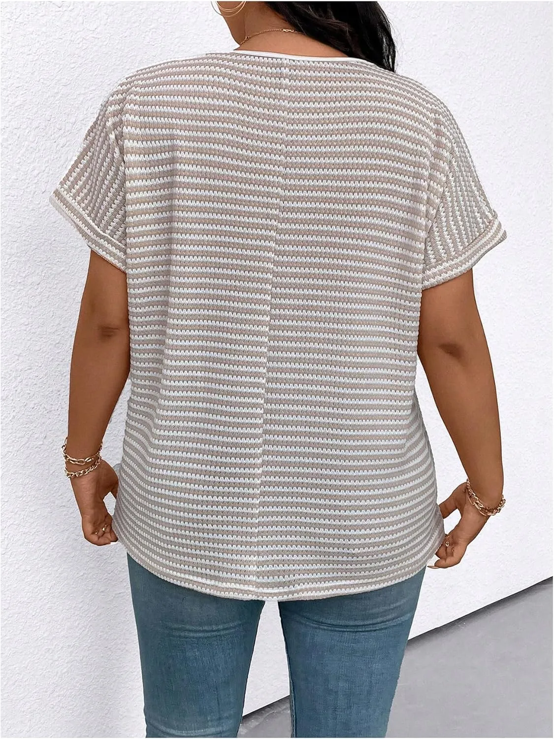 MakeMeChic Women's Plus Size Striped Short Sleeve Button Front V Neck Loose Knit Tee Shirt Tops