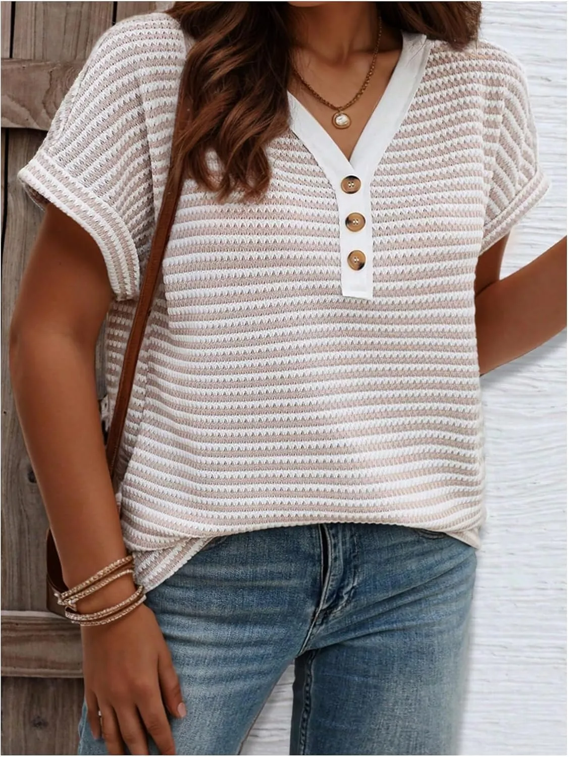MakeMeChic Women's Plus Size Striped Short Sleeve Button Front V Neck Loose Knit Tee Shirt Tops