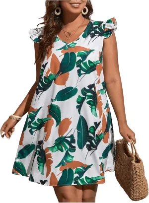 MakeMeChic Women's Plus Size Tropical Print V Neck Ruffle Cap Sleeve Tunic Dresses Flared A Line Mini Dress