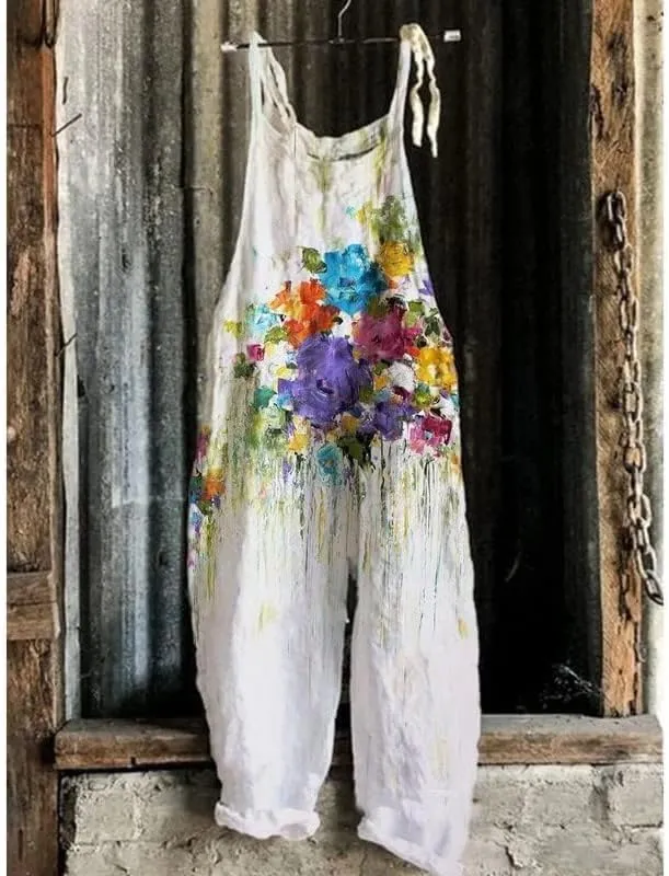 MARSVOVO Floral Printed Bohemian Jumpsuits for Women Sleeveless Spaghetti Strap Rompers Wide Leg Bib Overall with Pockets