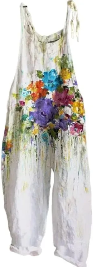 MARSVOVO Floral Printed Bohemian Jumpsuits for Women Sleeveless Spaghetti Strap Rompers Wide Leg Bib Overall with Pockets