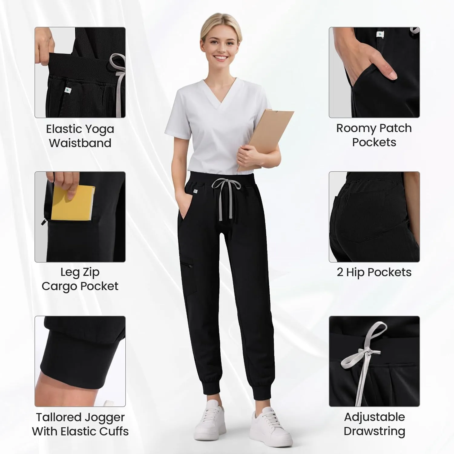 Medical Scrub Pants for Women, Jogger Scrub Pants with 5 Pockets Drawstring Cargo Pants Mid-Rise Womens Scrubs Pant