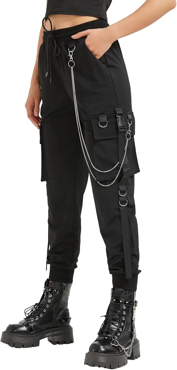 MEINVQIAOTI Black Cargo Pants for Women Techwear Women Loose Street Rock Style Casual Black Pants with Chain Goth Pants