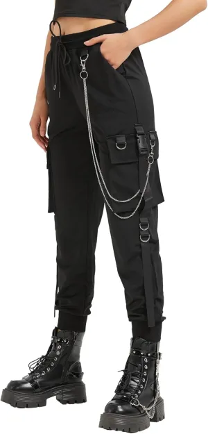 MEINVQIAOTI Black Cargo Pants for Women Techwear Women Loose Street Rock Style Casual Black Pants with Chain Goth Pants