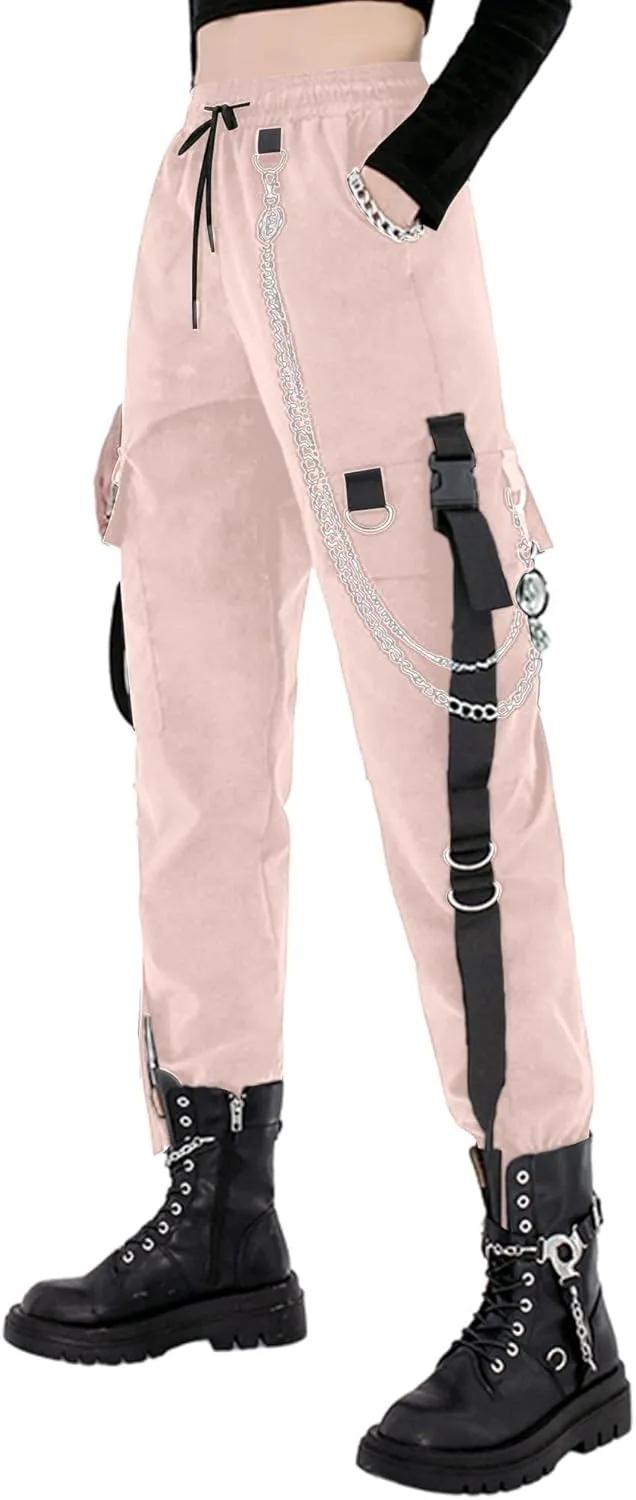 MEINVQIAOTI Black Cargo Pants for Women Techwear Women Loose Street Rock Style Casual Black Pants with Chain Goth Pants