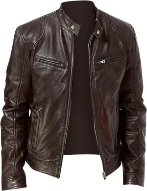 Men Faux Leather Zip Up Jacket Stand Collar Leather Motorcycle Jacket Lightweight Bomber Outwear PU Coat with Pockets