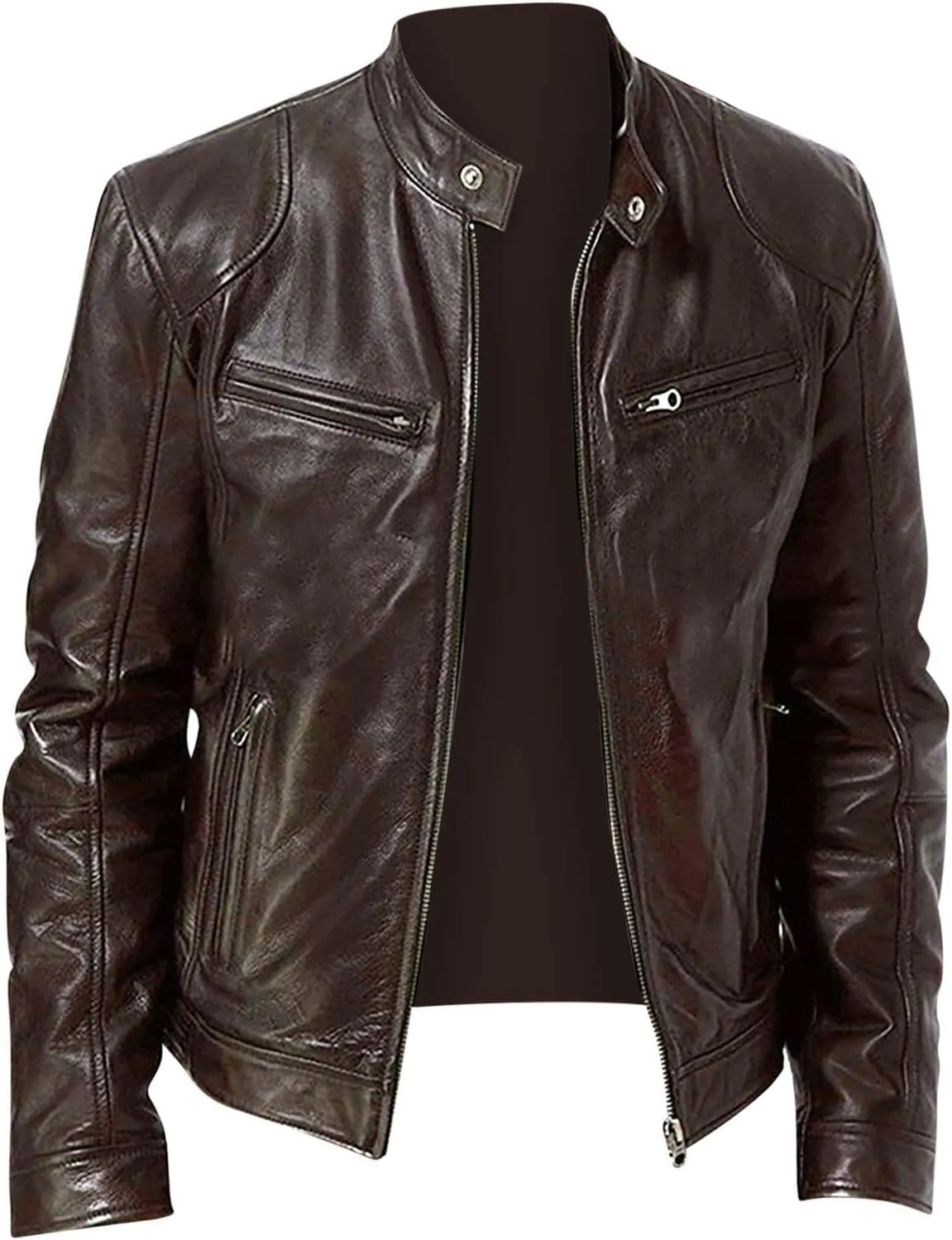 Men Faux Leather Zip Up Jacket Stand Collar Leather Motorcycle Jacket Lightweight Bomber Outwear PU Coat with Pockets