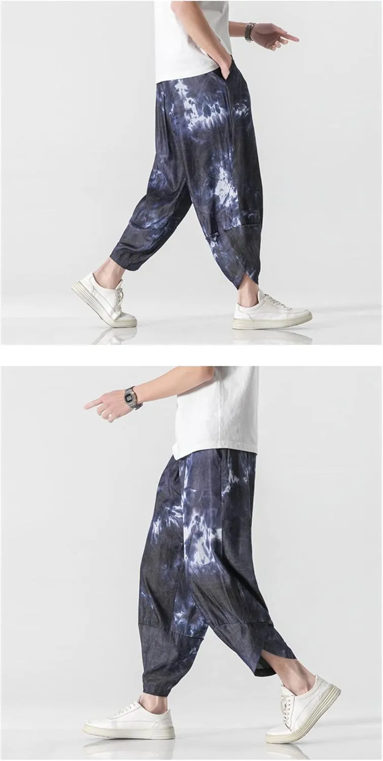 Men Harem Pants Summer Anlke-Lenght Pants Streetwear Ink Splash Wide Leg Pants