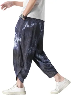 Men Harem Pants Summer Anlke-Lenght Pants Streetwear Ink Splash Wide Leg Pants