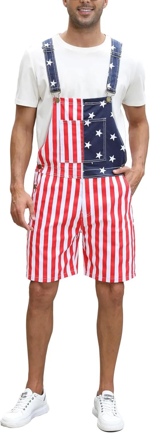 Mens American Flag Overalls Denim Bib Shorts Romper Adjustable Strap with Pockets