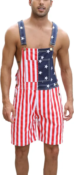 Mens American Flag Overalls Denim Bib Shorts Romper Adjustable Strap with Pockets