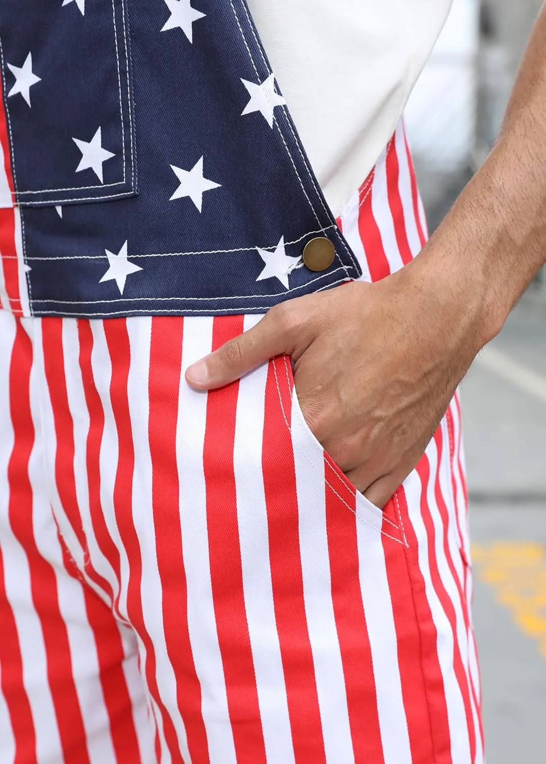 Mens American Flag Overalls Denim Bib Shorts Romper Adjustable Strap with Pockets