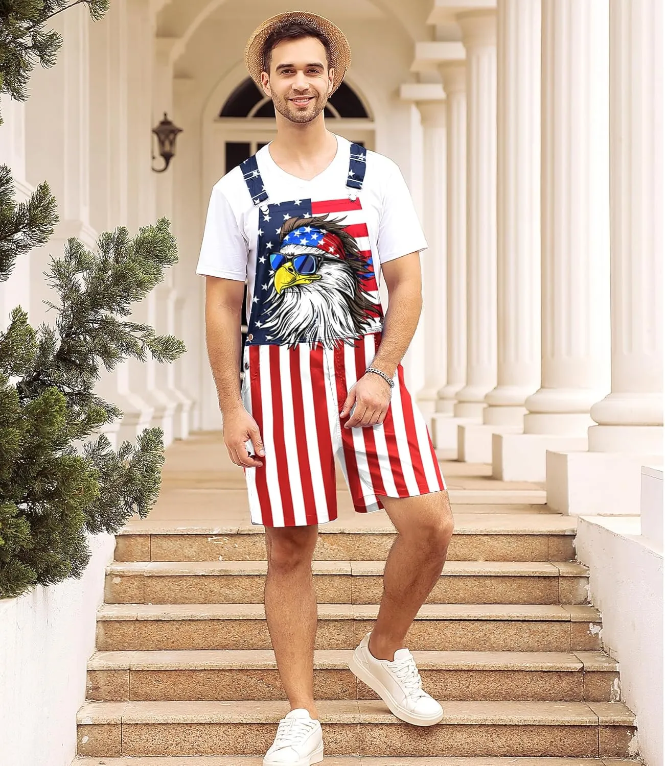 Mens American Flag Overalls Shorts Romper Casual 4th of July Workout Jumpsuit