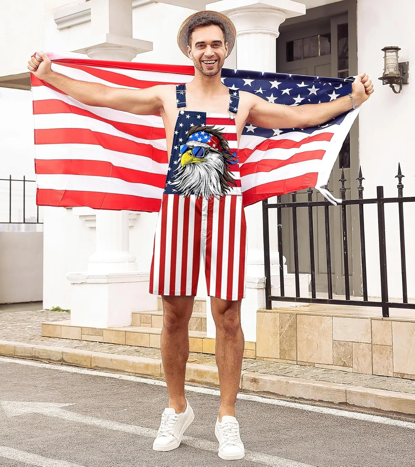 Mens American Flag Overalls Shorts Romper Casual 4th of July Workout Jumpsuit
