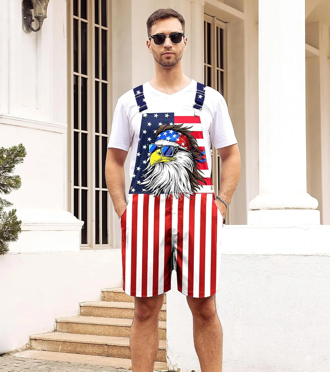 Mens American Flag Overalls Shorts Romper Casual 4th of July Workout Jumpsuit