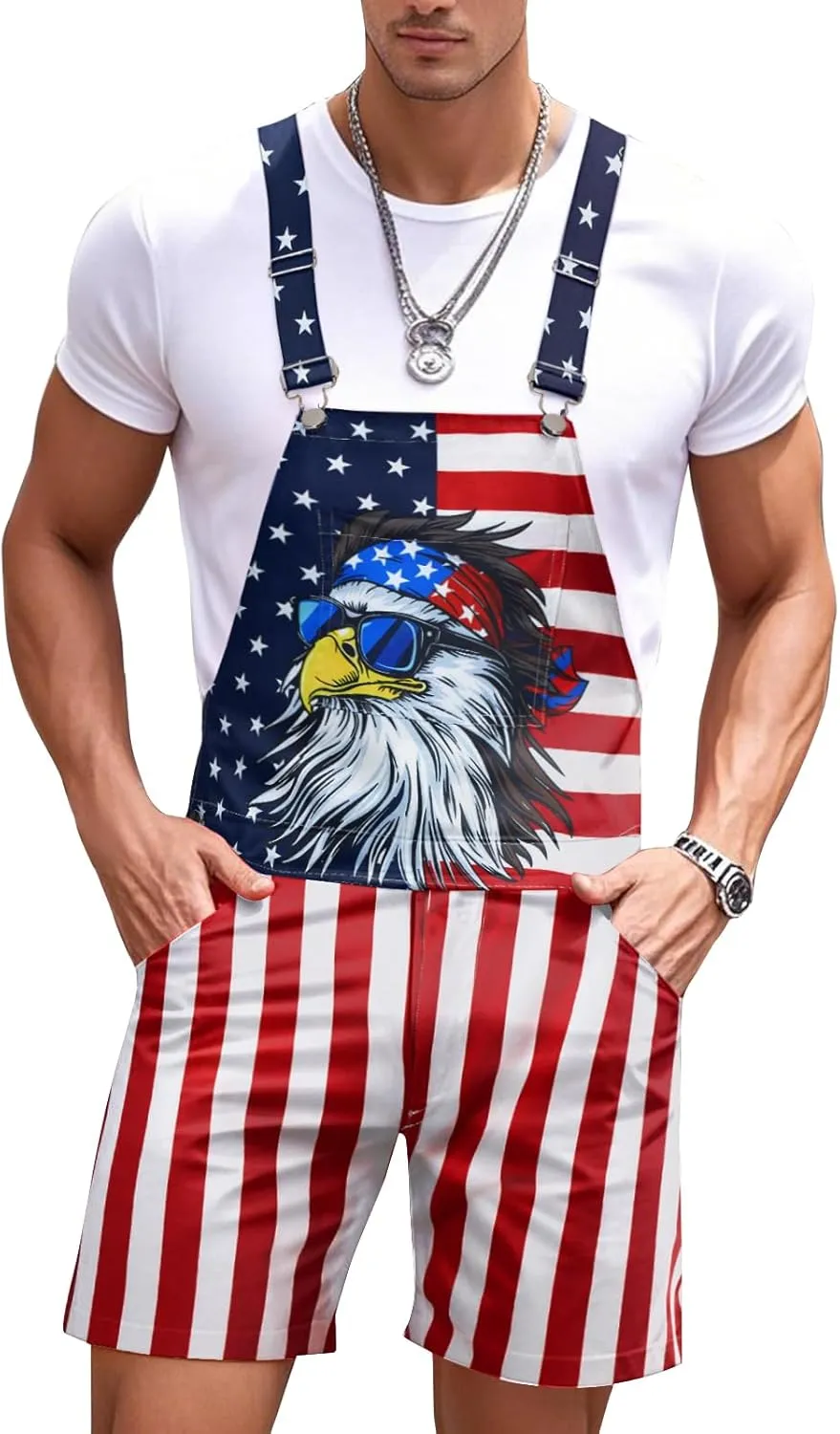 Mens American Flag Overalls Shorts Romper Casual 4th of July Workout Jumpsuit
