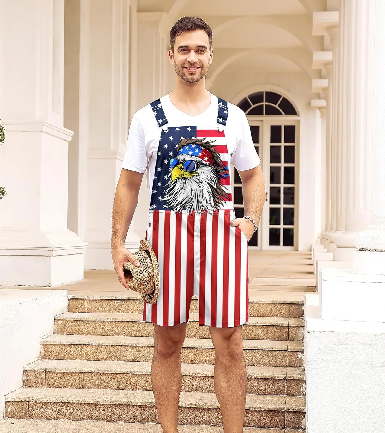 Mens American Flag Overalls Shorts Romper Casual 4th of July Workout Jumpsuit