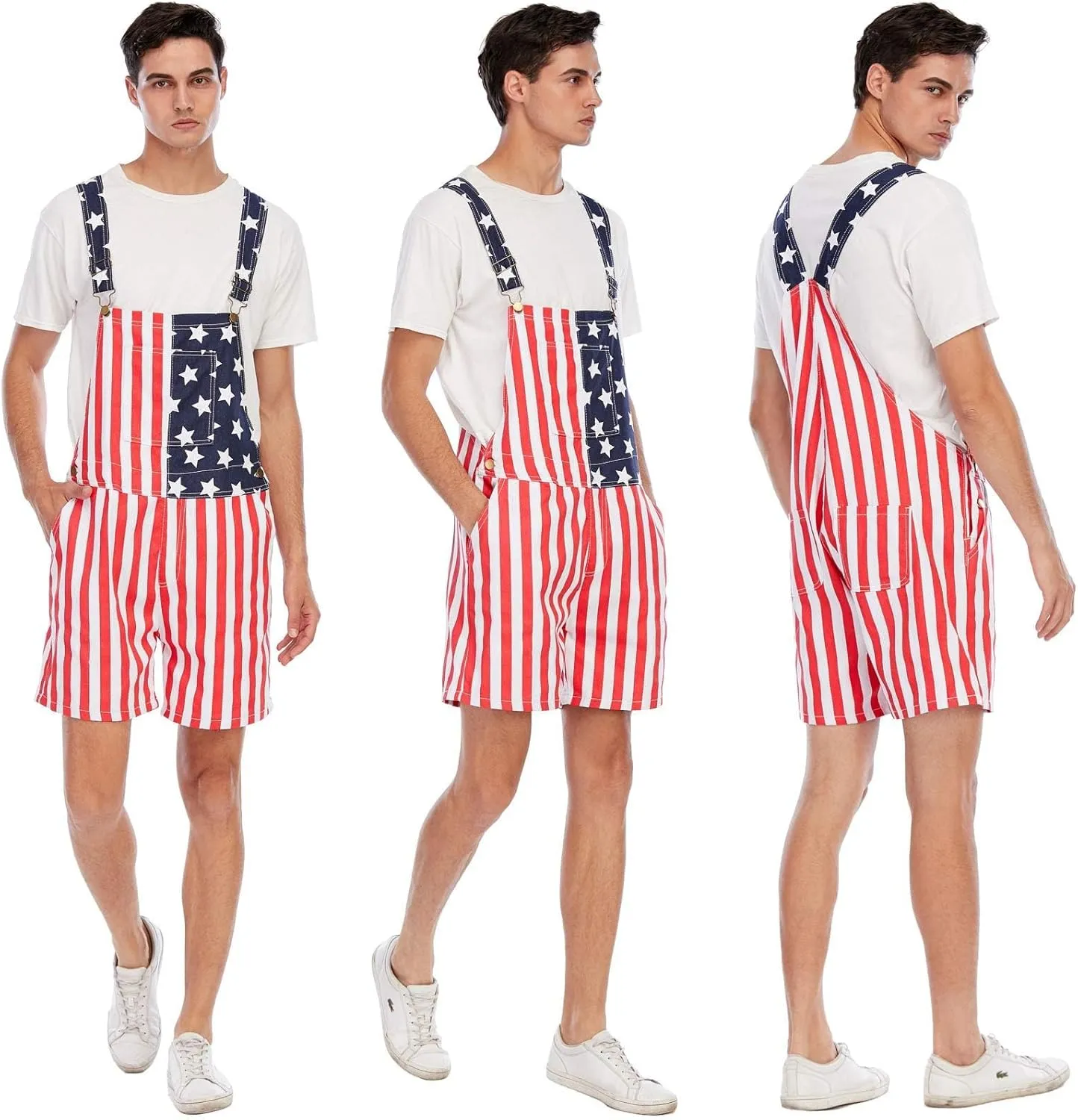 Mens & Womens One Piece Jumpsuit Unisex Patriotic American Flag Print Denim Bib Overall Shorts Jeans